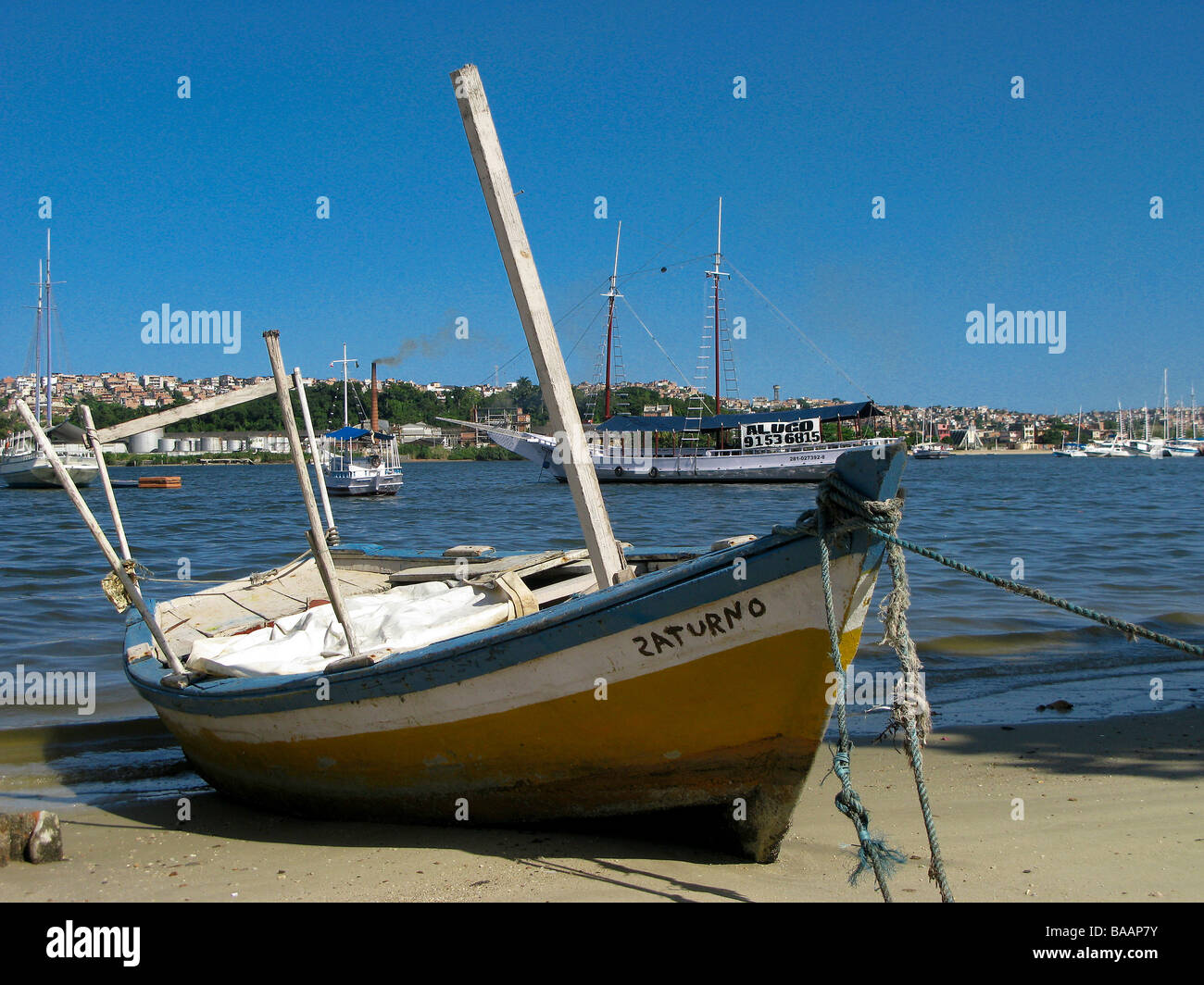 Boats at Porto da Barra beach, Salvador, Brazil Stock Photo