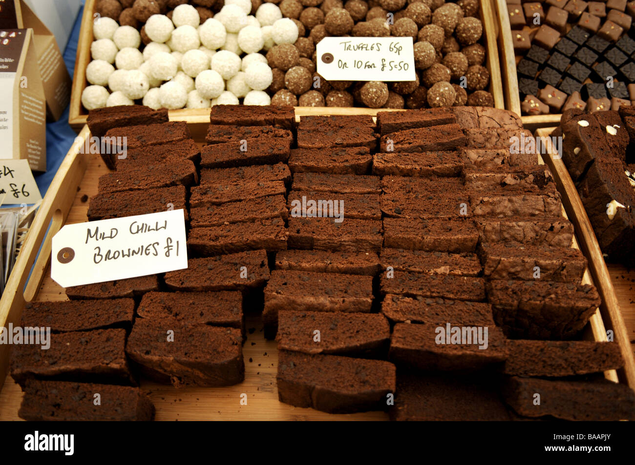Chilli flavoured chocolate brownies on display at the Fiery Food Festival in Brighton Sussex UK Stock Photo