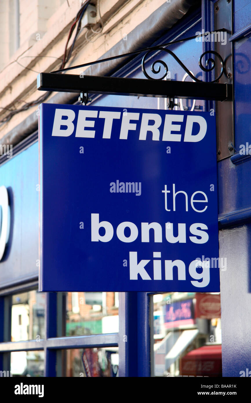 The shop front of the Betfred (the Bonus King) bookmakers in Henley on Thames, Oxfordshire, UK. Stock Photo
