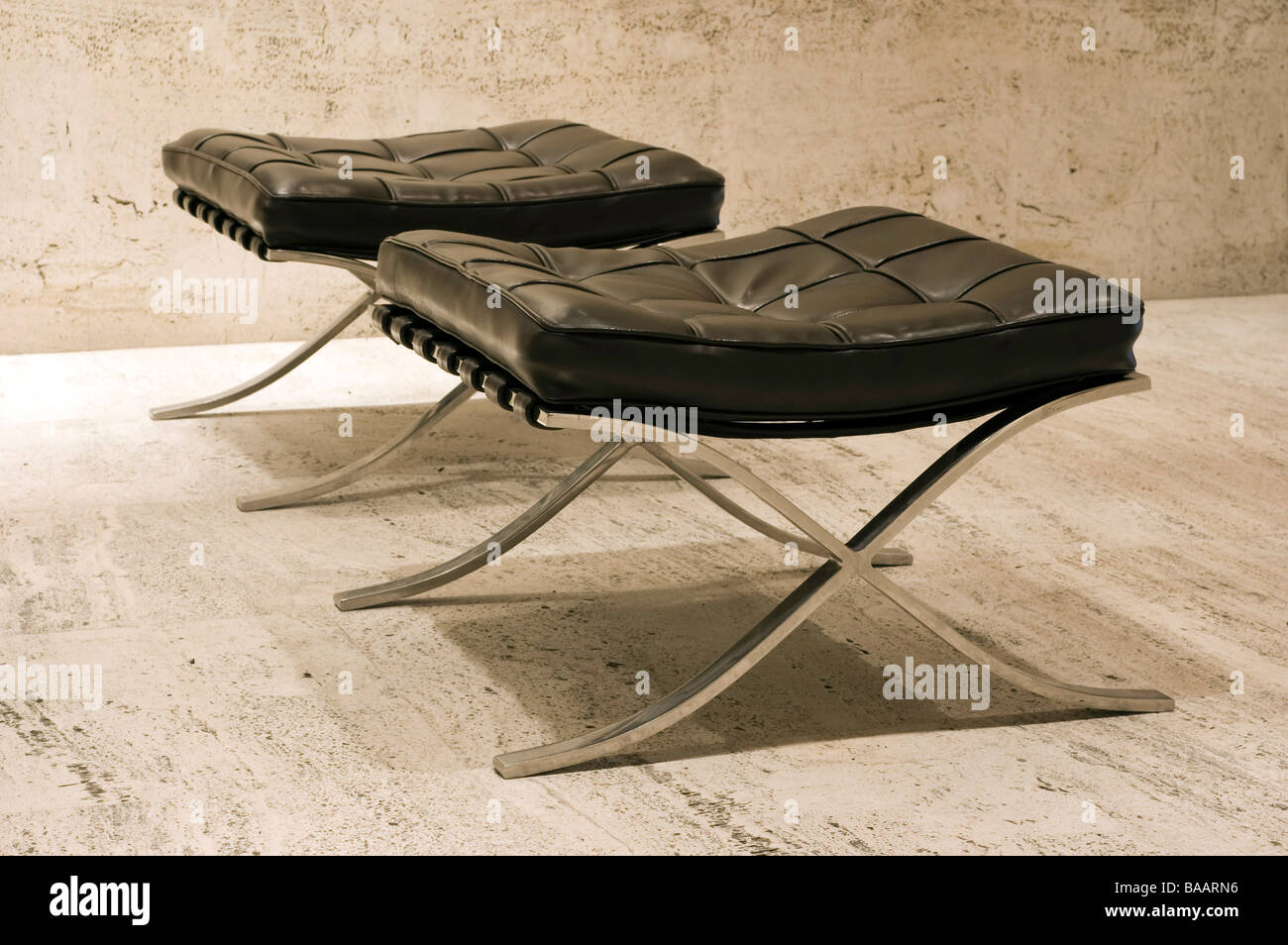 Two Barcelona Ottomans, designed by Ludwig Mies Van Der Rohe and Lilly  Reich (For Editorial Use Only Stock Photo - Alamy