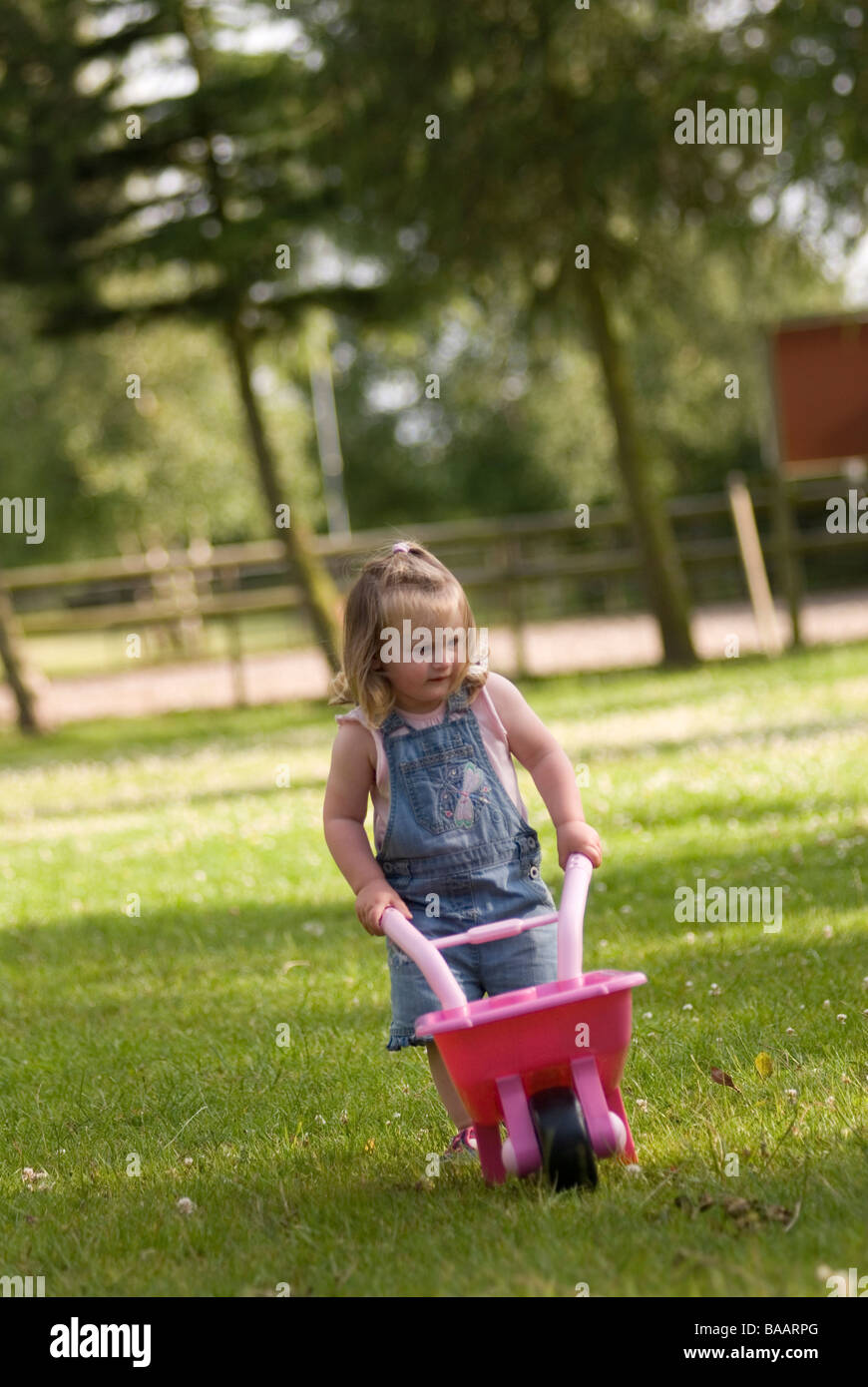 2 year old girl playing with a wheel barrow in the garden Stock Photo