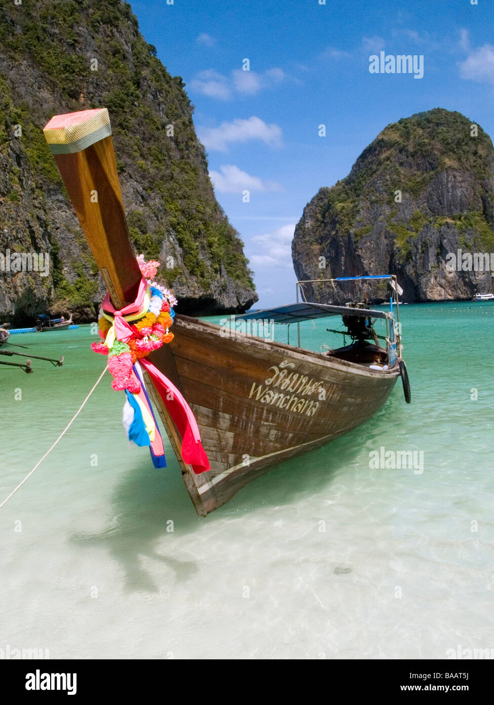 Long Tail Boat Ko Phi Phi Ley Island, The Beach, Thailand Stock Photo