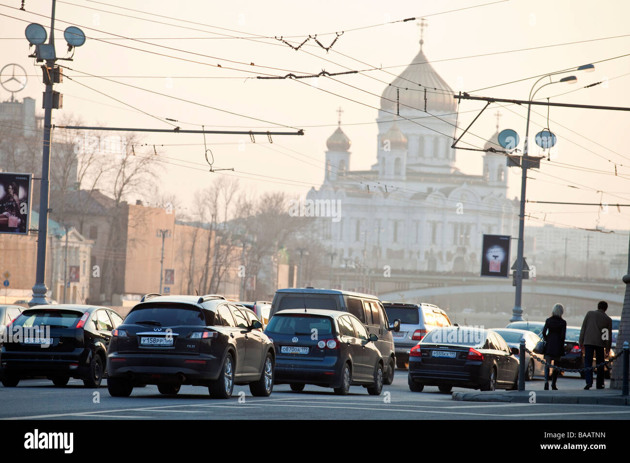 Huge traffic jam in the center of Moscow, Russia with Cathedral of Christ the Saviour in the background Stock Photo