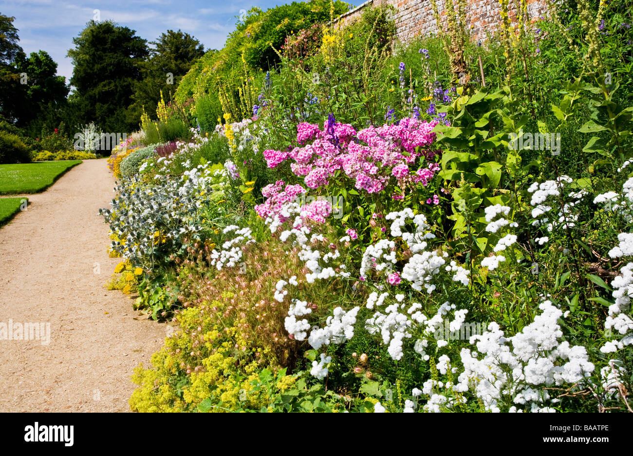 Herbaceous border at Waterperry Gardens Wheatley Oxfordshire with white Achillea ptarmica and pink Phlox in the foreground Stock Photo