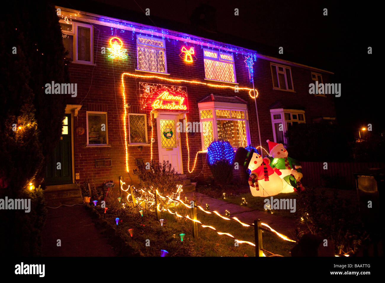 Christmas lights on the front of a house in Suffolk, UK Stock Photo Alamy