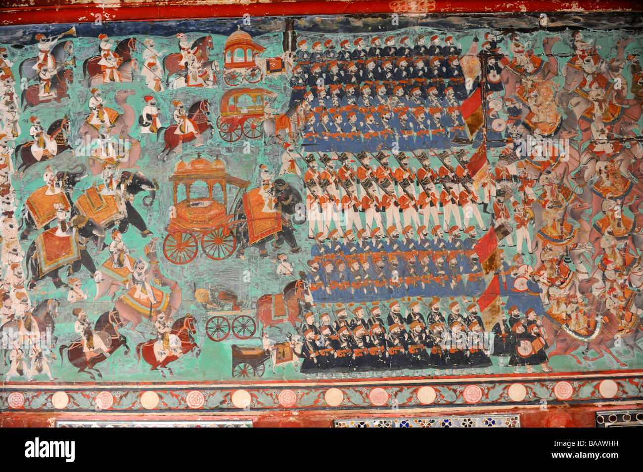 A miniature wall painting in the Palace at Bundi Rajasthan India Stock