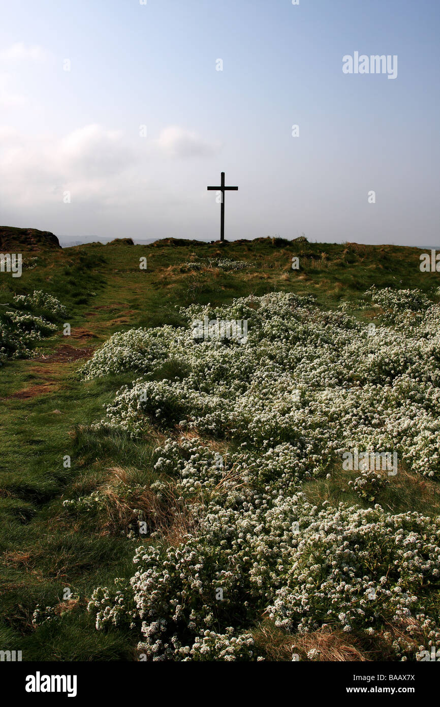 St Cuthbert's Isle wooden cross on Holy Island Lindisfarne