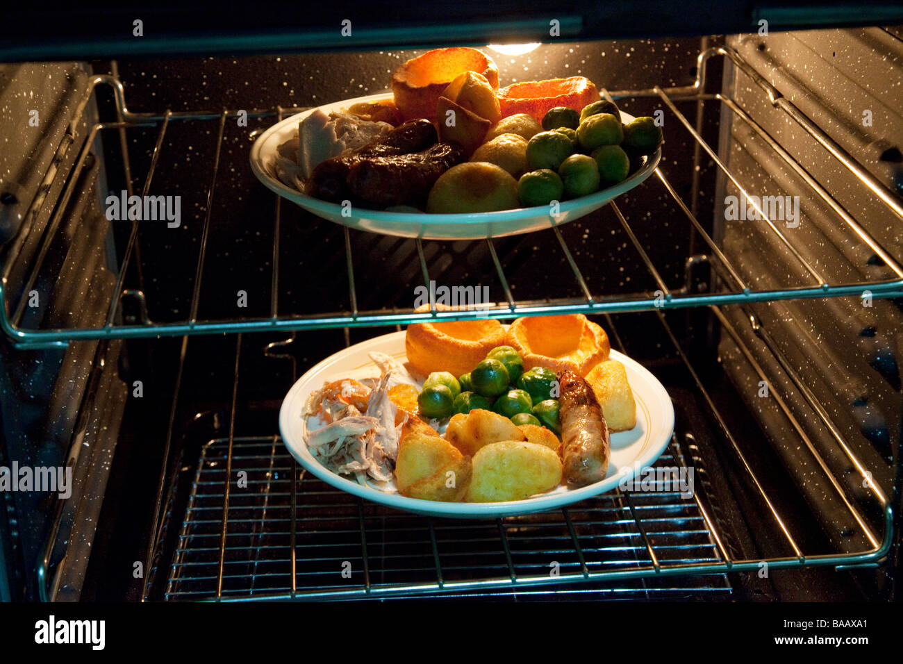 roast dinner kept warm in oven Stock Photo Alamy