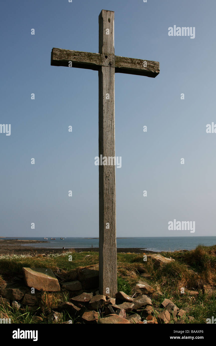 St Cuthbert's Isle wooden cross on Holy Island Lindisfarne