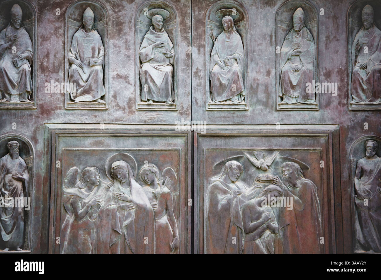 Decorative doors on the facade of the Duomo (cathedral) seen from Piazza del Duomo, Siena, Tuscany, Italy. Stock Photo