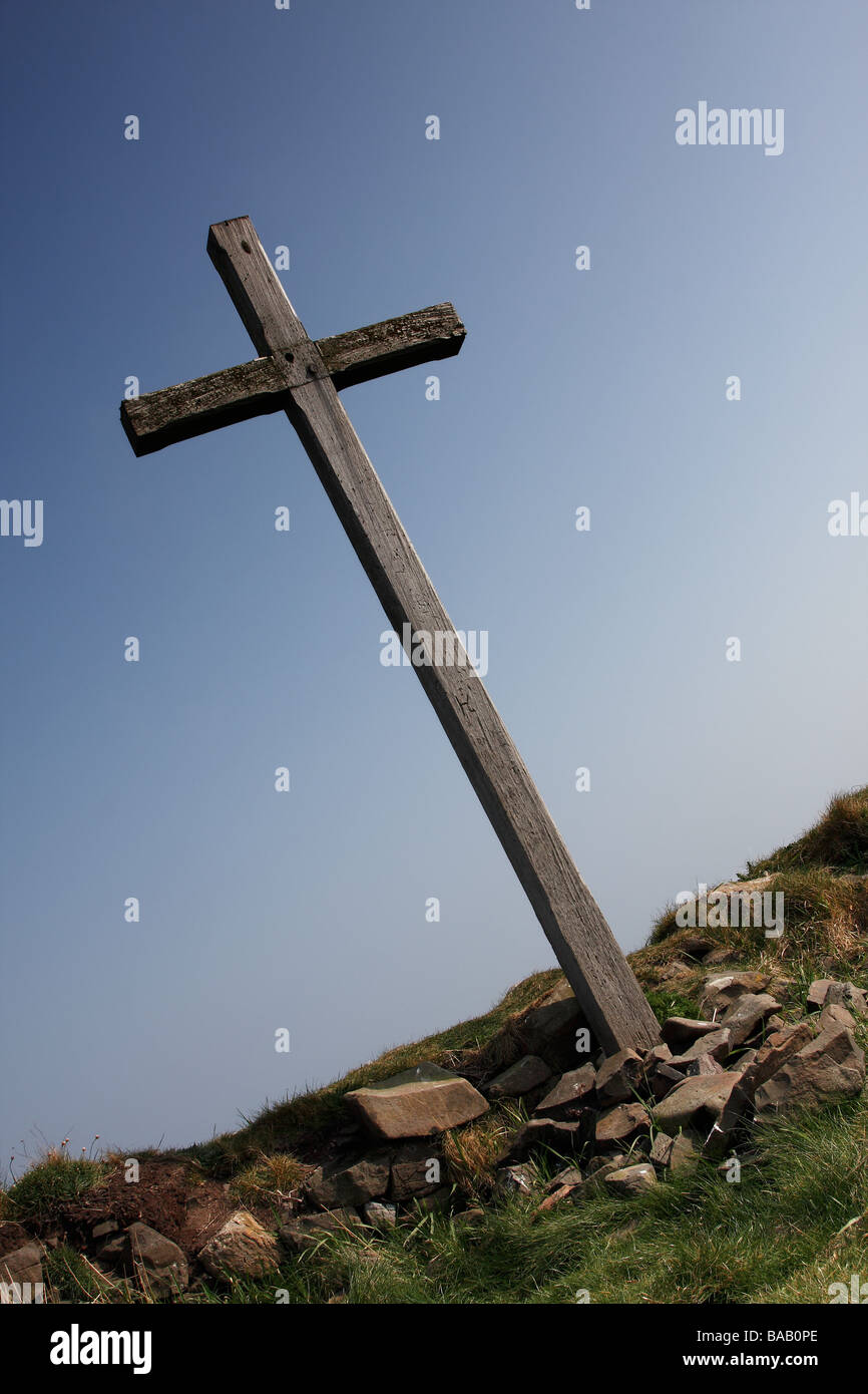 St Cuthbert's Isle wooden cross on Holy Island Lindisfarne