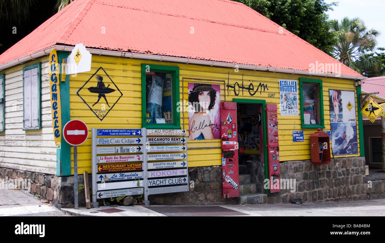 Red tin roof wooden surf shop Gustavia St Barts Stock Photo