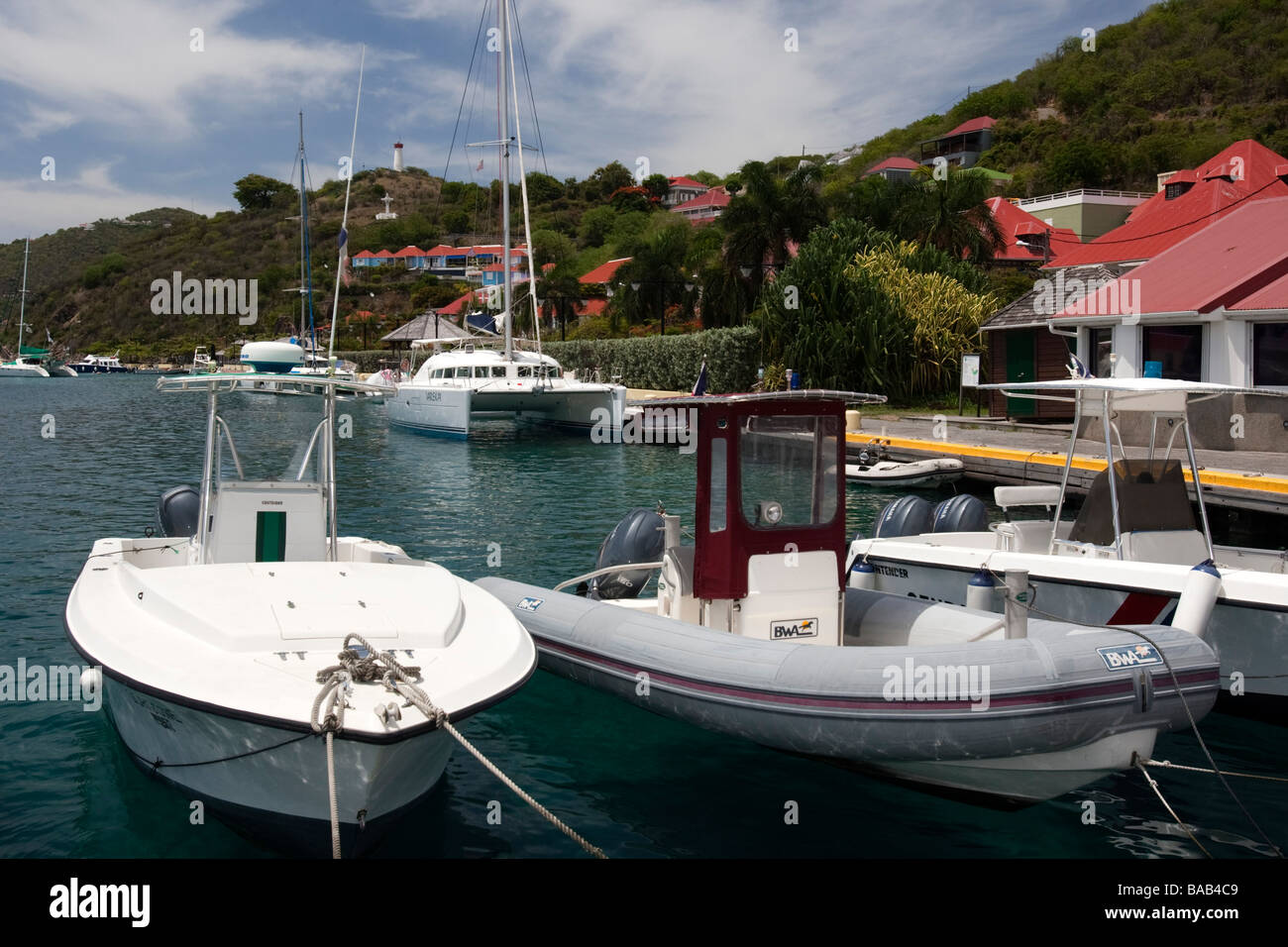 Samll boats tied up Gustavia port St Barts Stock Photo