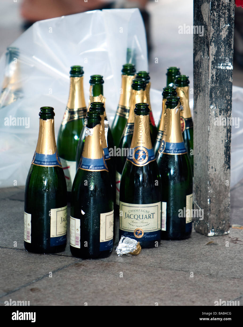 Empty champagne bottles at steel band champagne punch party SB Musik Jam festival Gustavia St Barts Stock Photo