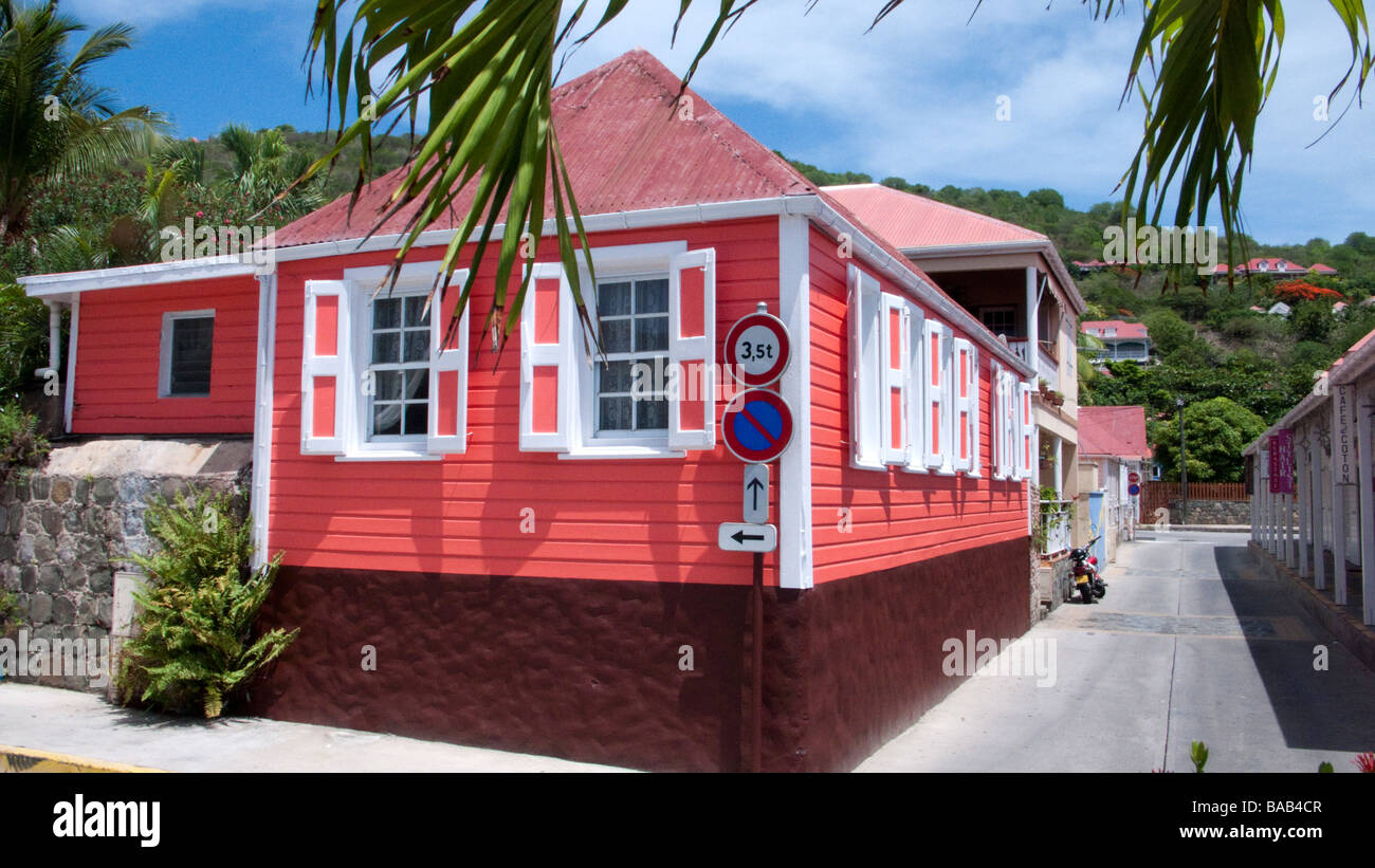 Bright pink wooden house port Gustavia St Barts Stock Photo
