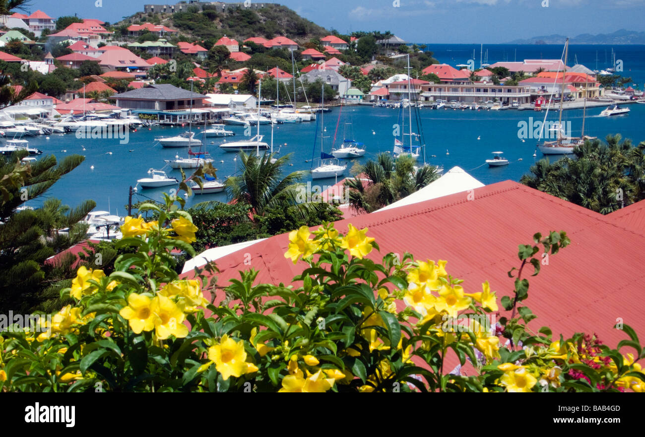 Red tin roof buildings surround Gustavia port St Barts Stock Photo