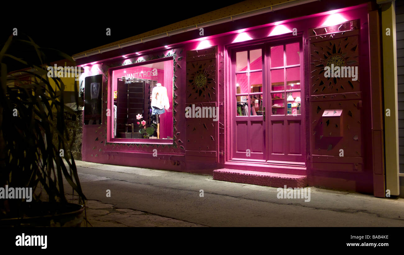 Vanita Rosa designer clothing boutique at night Gustavia St Barts Stock Photo