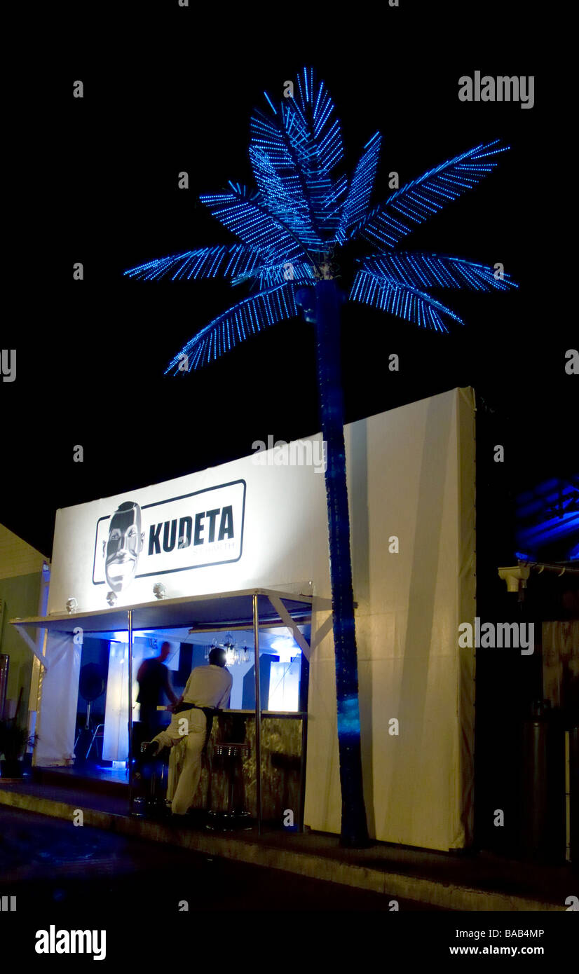 Blue palm tree marks Kudeta bar Gustavia port St Barts Stock Photo