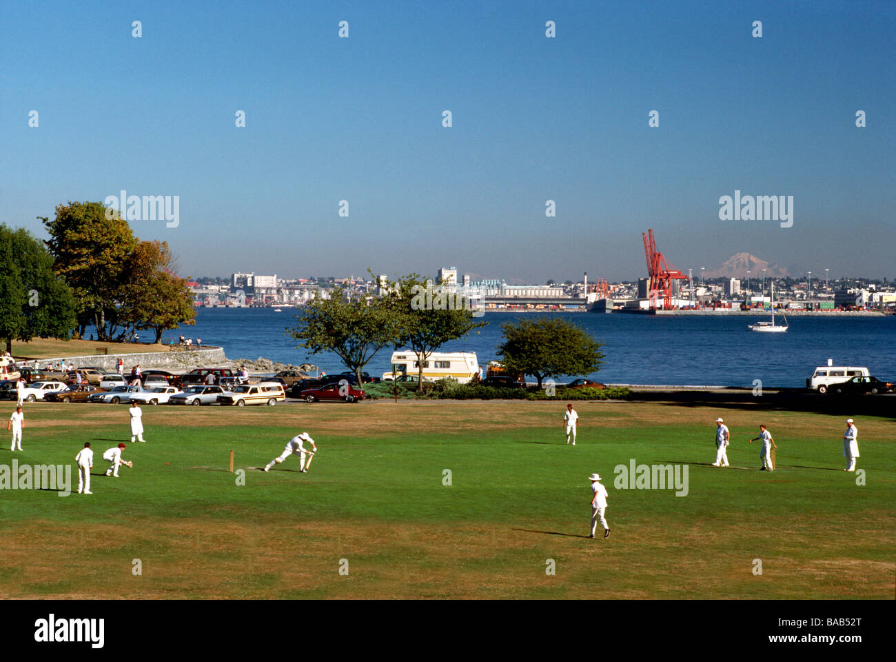Cricket Team Players playing a Cricket Match on the Stanley Park Pitch Ground in Summer in Vancouver British Columbia Canada Stock Photo