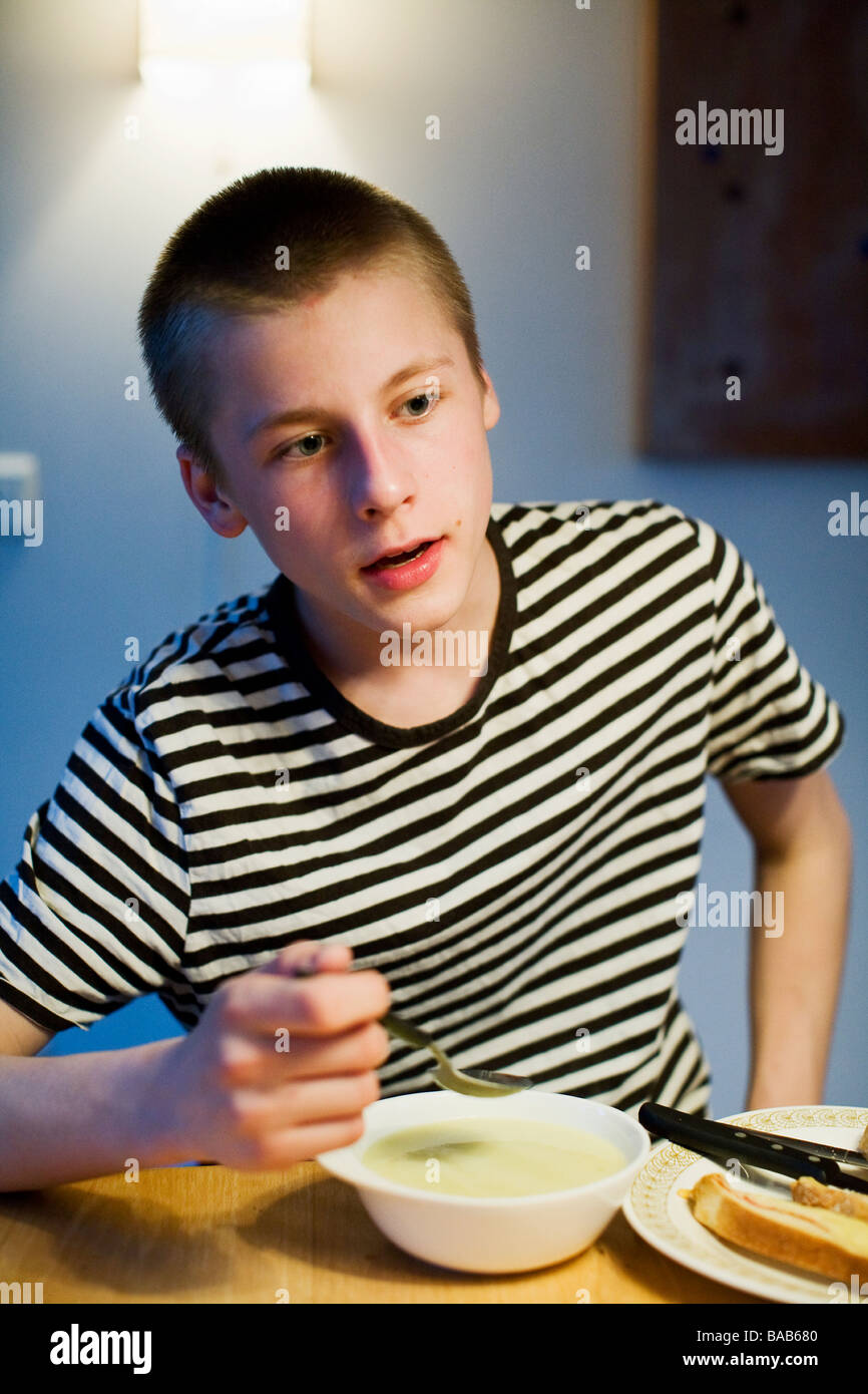 Boy Having Soup For Dinner Sweden Stock Photo Alamy