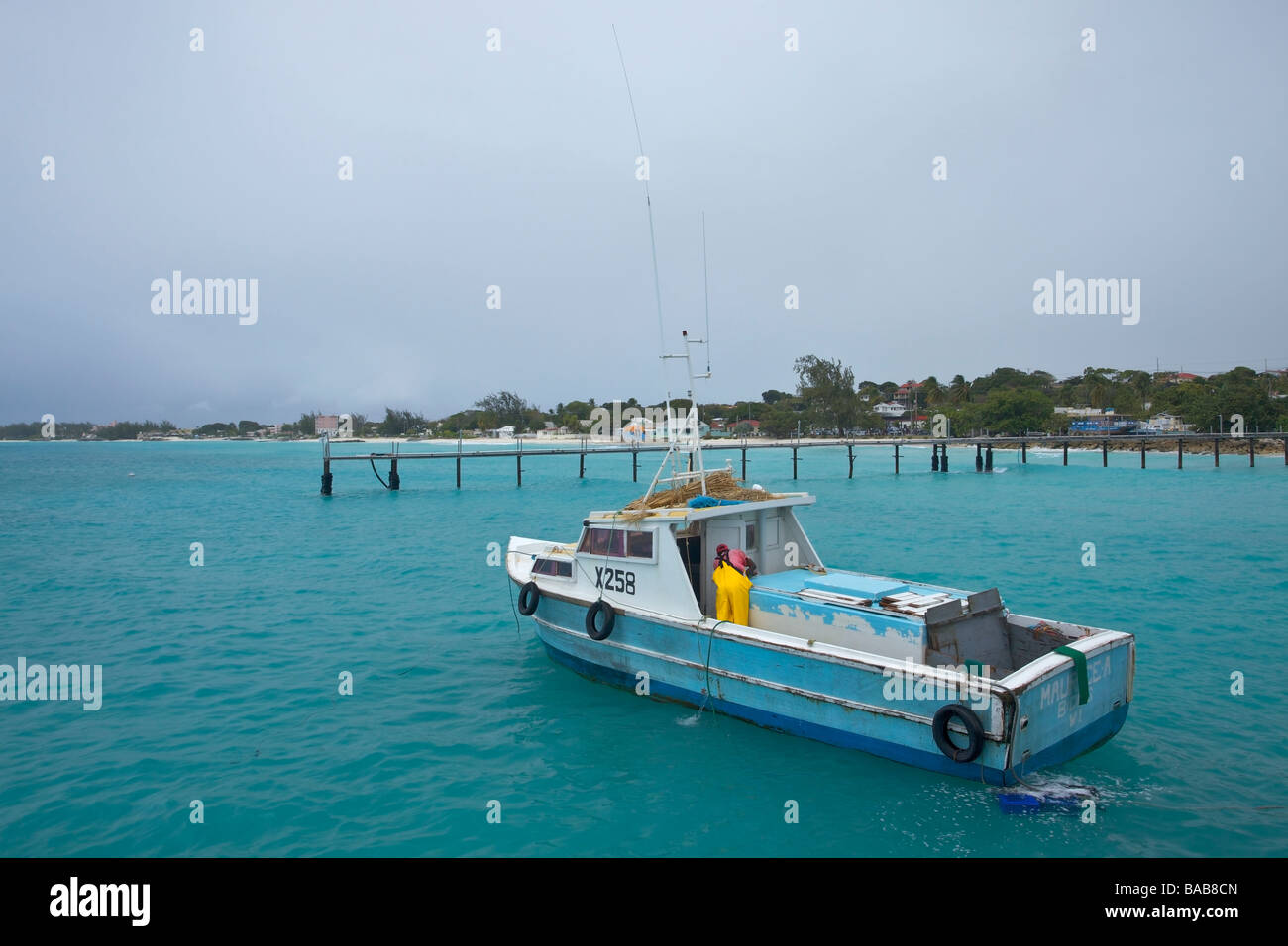Fishing boat at Oistins bay fishing pier, South Coast of Barbados