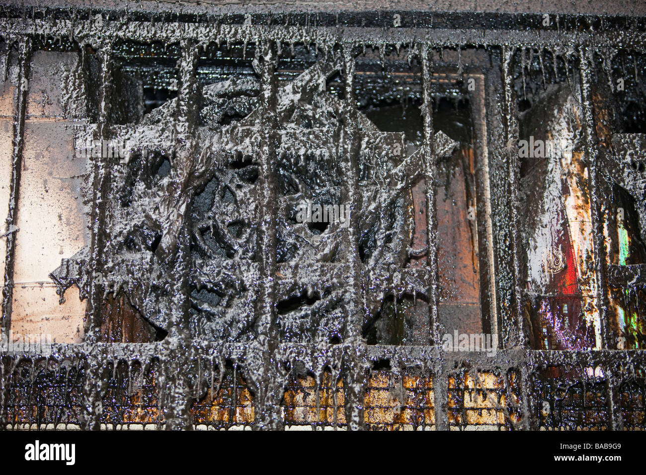 A disgustingly dirty extractor fan at the rear of a Chinese restaurant in Sanmanxie Northern China Stock Photo