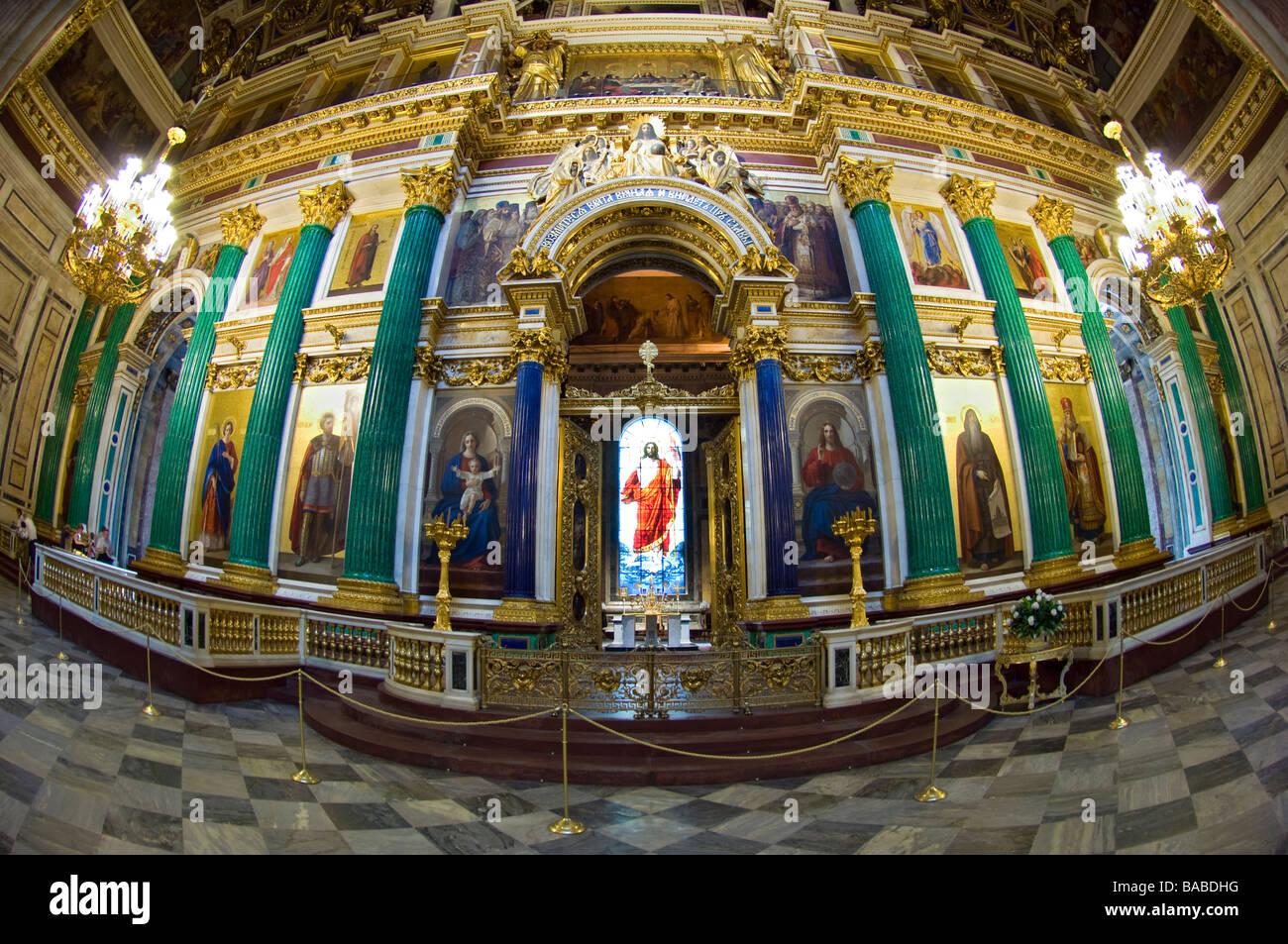 Wide Angle Interior of Saint Isaac's Cathedral Showing the Eight Malachite Columns and Iconostasis. Saint Petersburg, Russia. Stock Photo