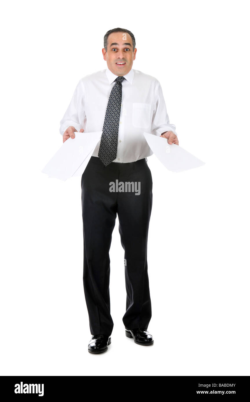 Business man in suit with confused expression holding papers Stock Photo