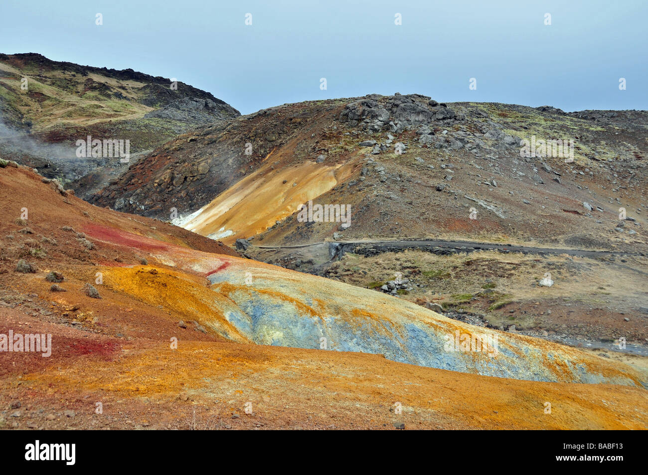 Beautifully coloured clay soils around the Krisuvik solfataras (boiling mud pools), South West Iceland Stock Photo