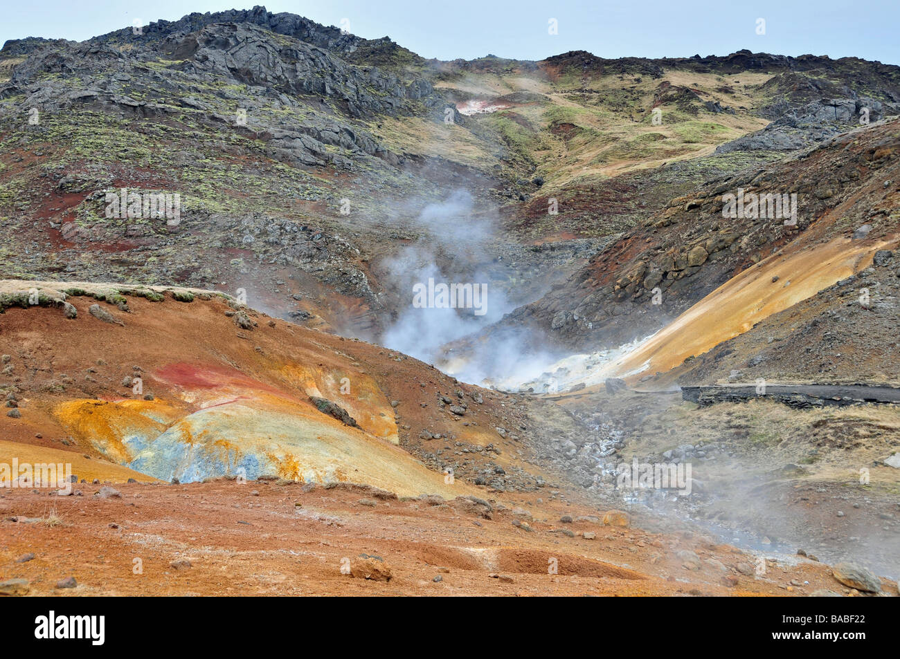 Steaming solfataras and colourful clay soils in the Krisuvik High Temperature Geothermal Area, South West Iceland Stock Photo