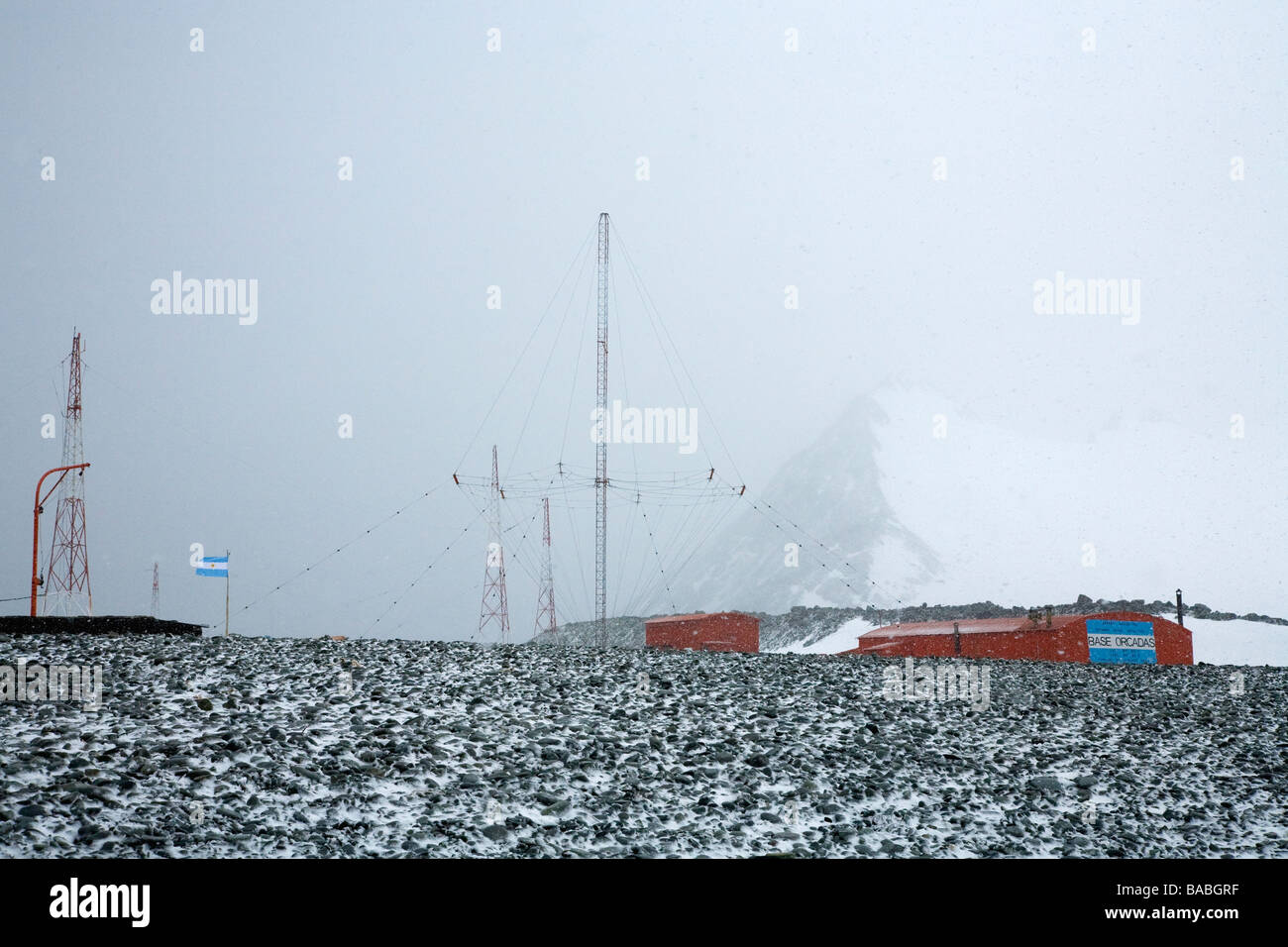 Sub-antarctic blizzard Orcadas Argentinian research base Laurie Island South Orkneys Antarctica Stock Photo