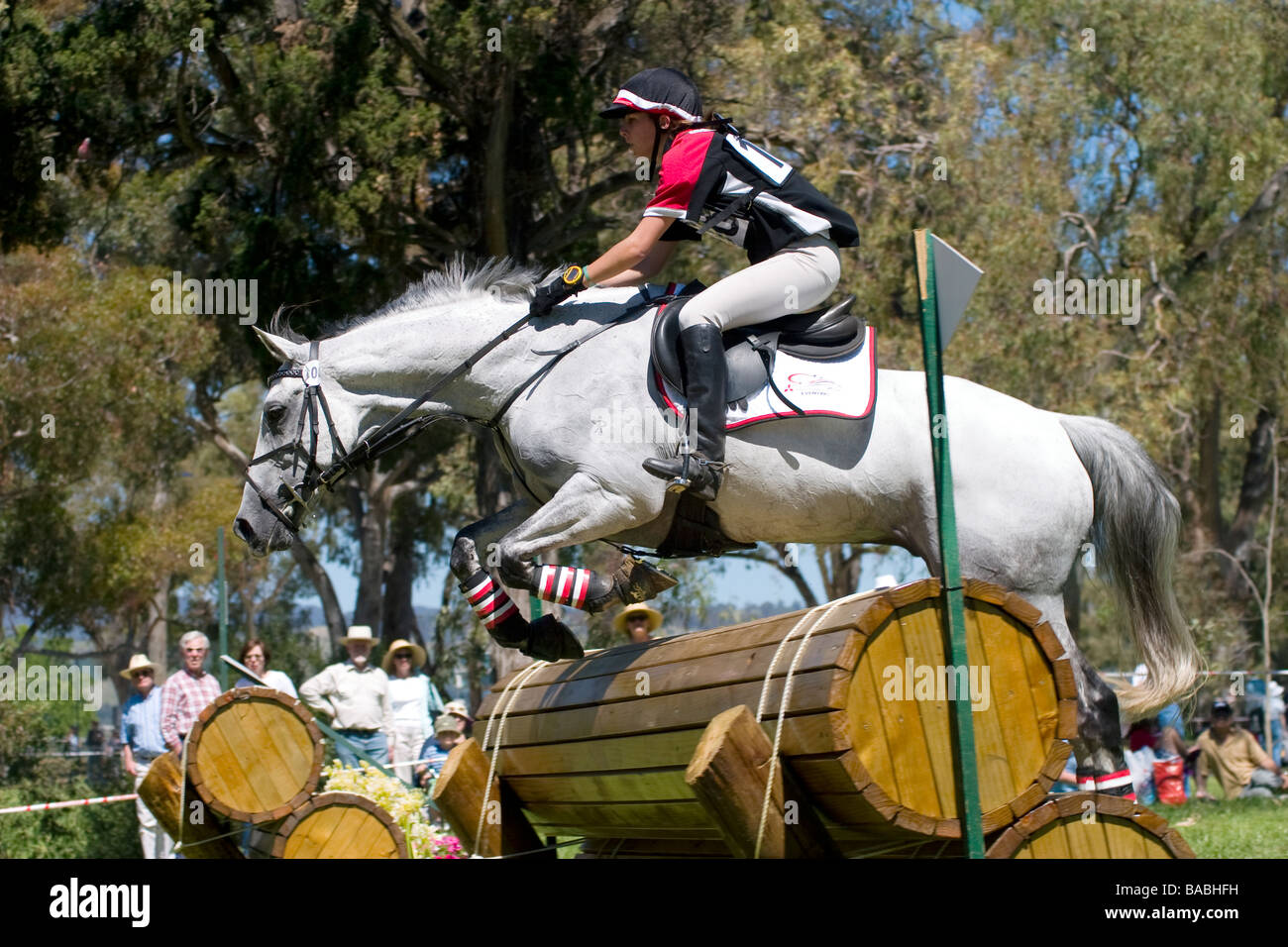 Adelaide International Horse Trials 2005 competitor jumping a barrier during cross country course in Australia Stock Photo