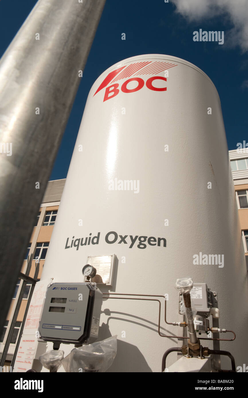 BOC British Oxygen Company bulk tank; Exterior, Bronglais General NHS Hospital, Aberystwyth Wales UK Stock Photo