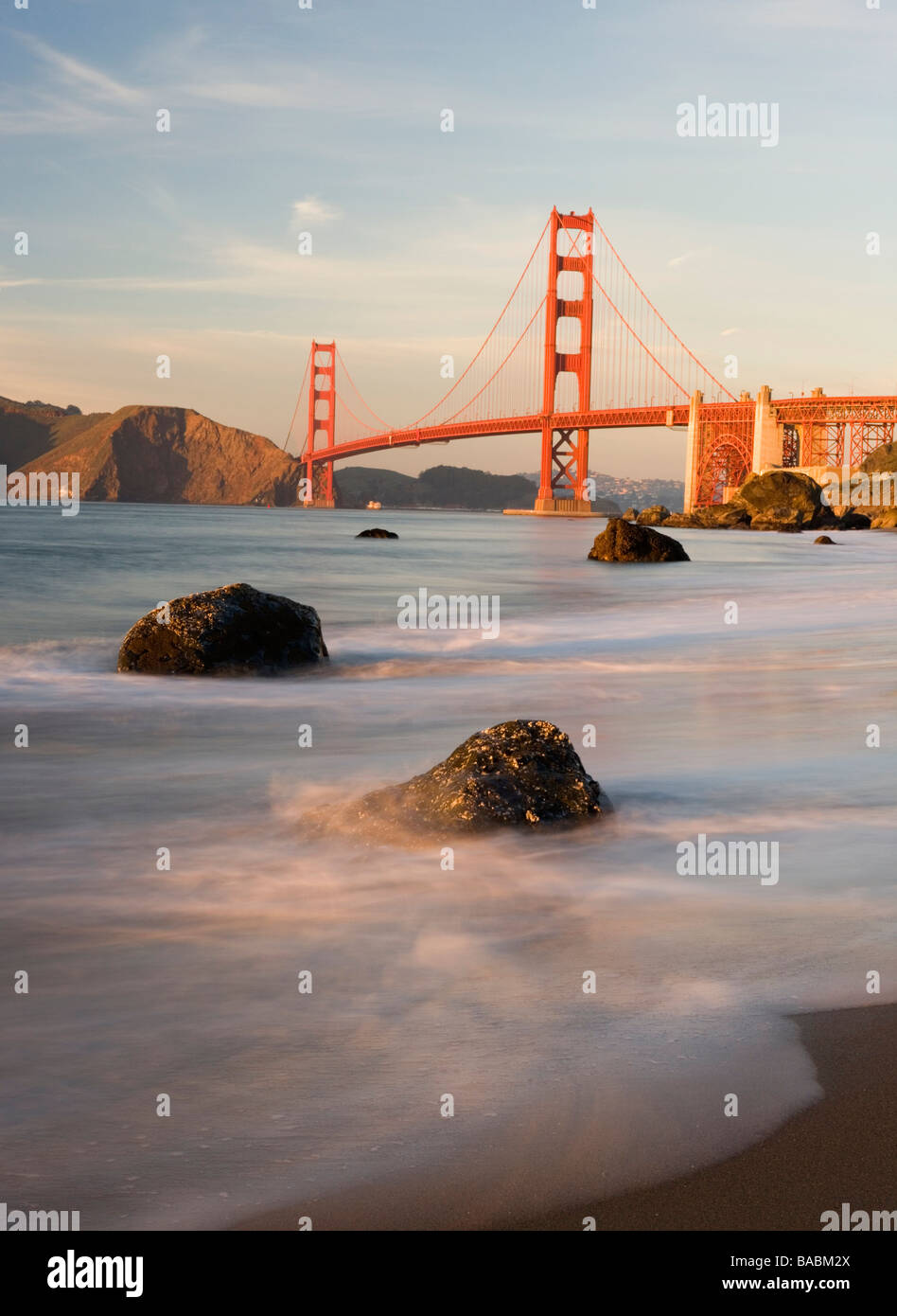 Golden gate bridge viewed from Baker Beach at sunset, San Francisco, USA. Stock Photo