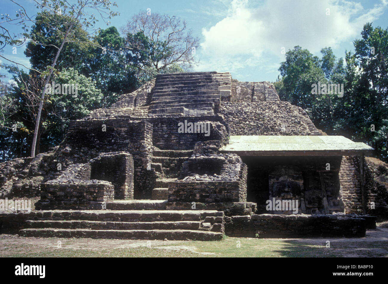 The Mask Temple at the Mayan ruins of Lamanai, Belize Stock Photo