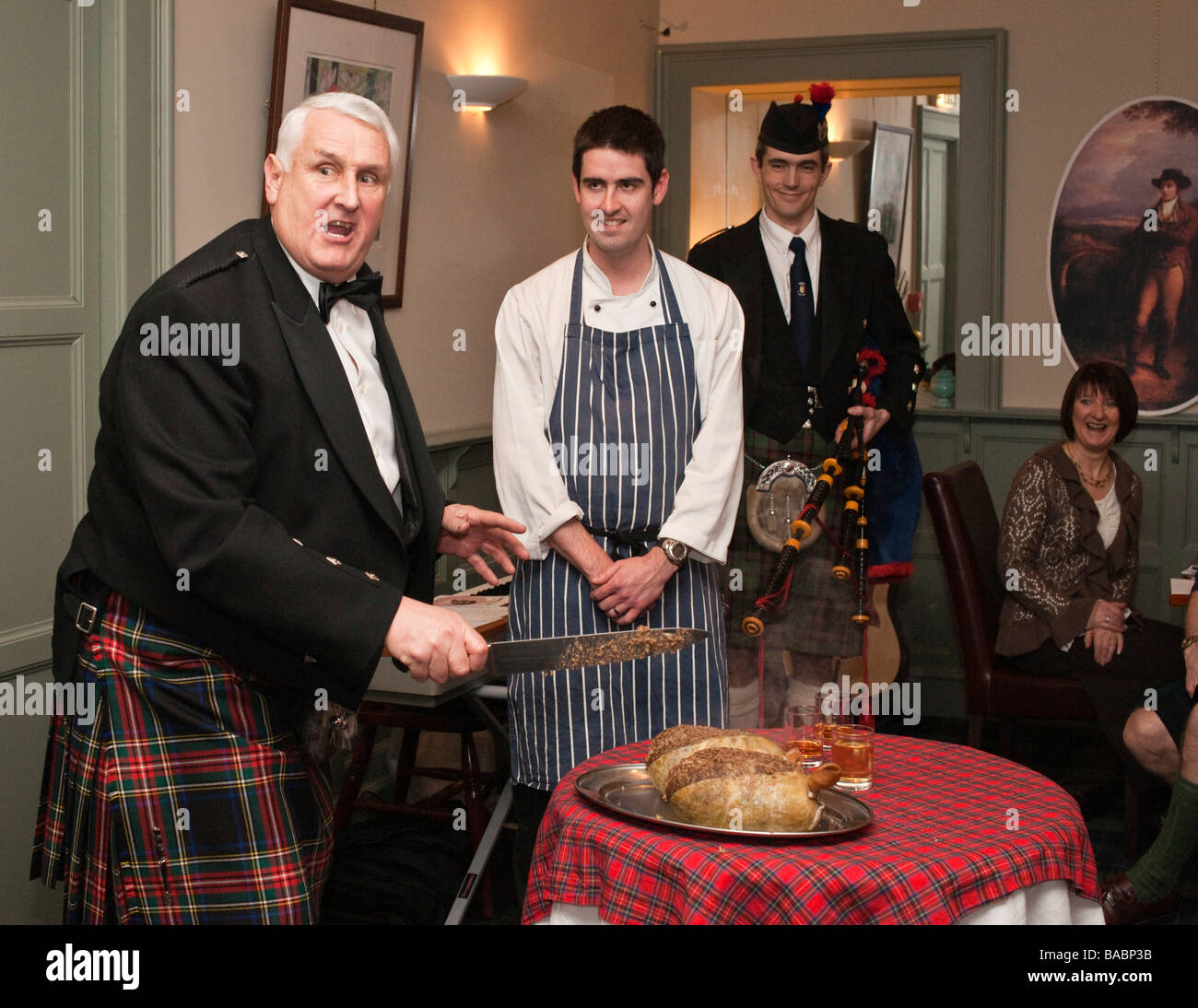 Address to the Haggis at a Burns night in Scotland Cobbles Inn Kelso Stock Photo