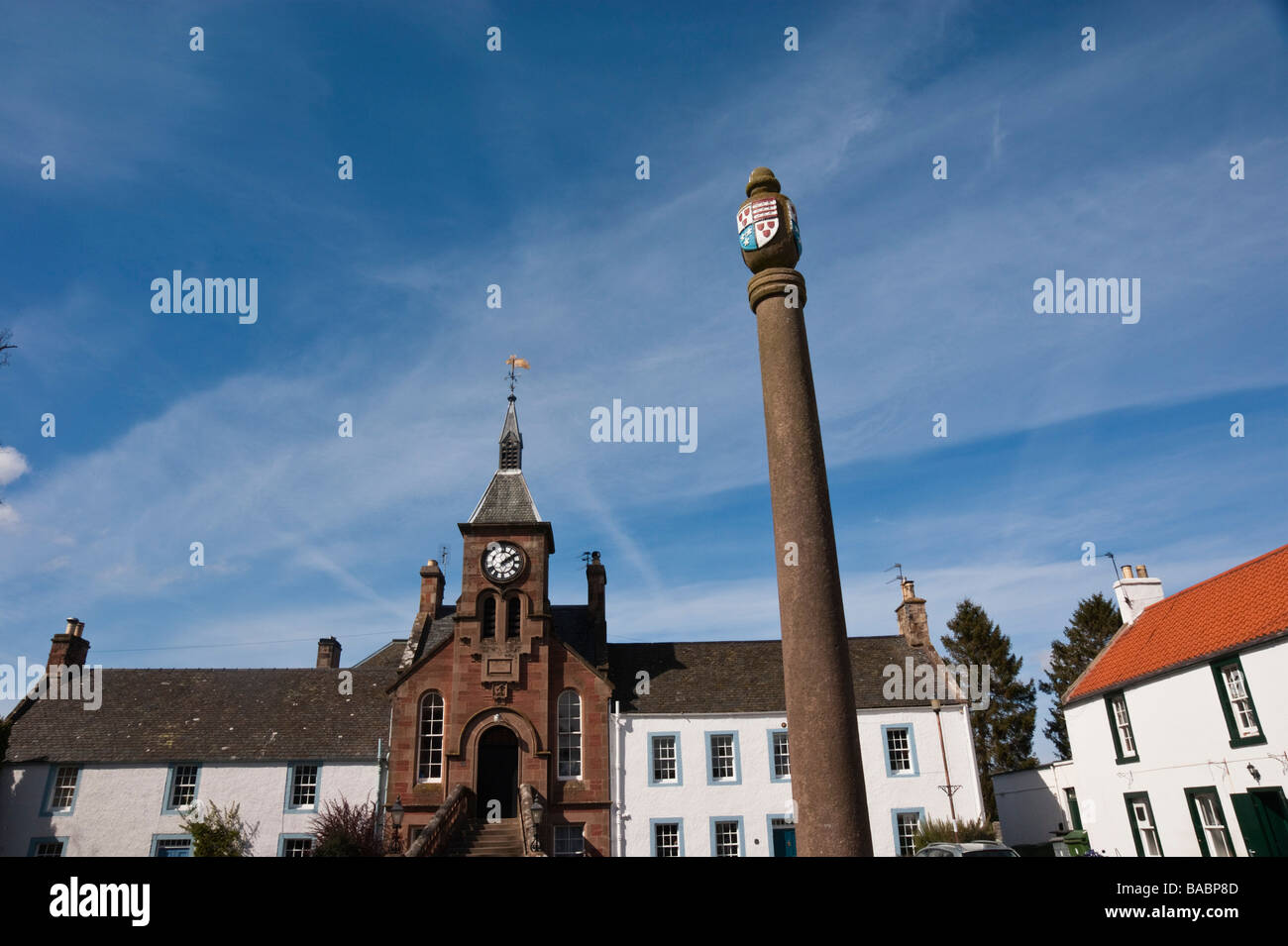 Gifford East Lothian Scotland town hall and clock with Mercat Cross Stock Photo