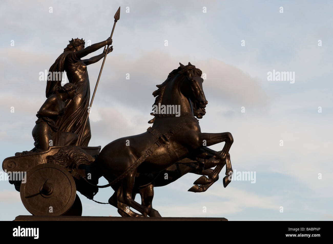 Statue of Boudica near Westminster Pier pulled by horses on a chariot, London, England, UK Stock Photo
