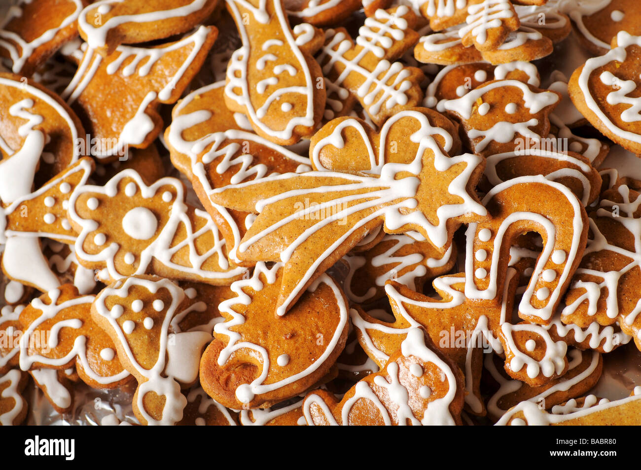 Gingerbread cookies decorated with sugar icing Stock Photo