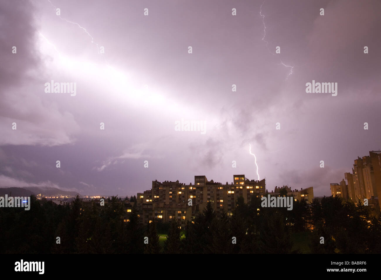 Storm clouds and lightning gathering over northern suburb of Ljubljana Slovenia Stock Photo