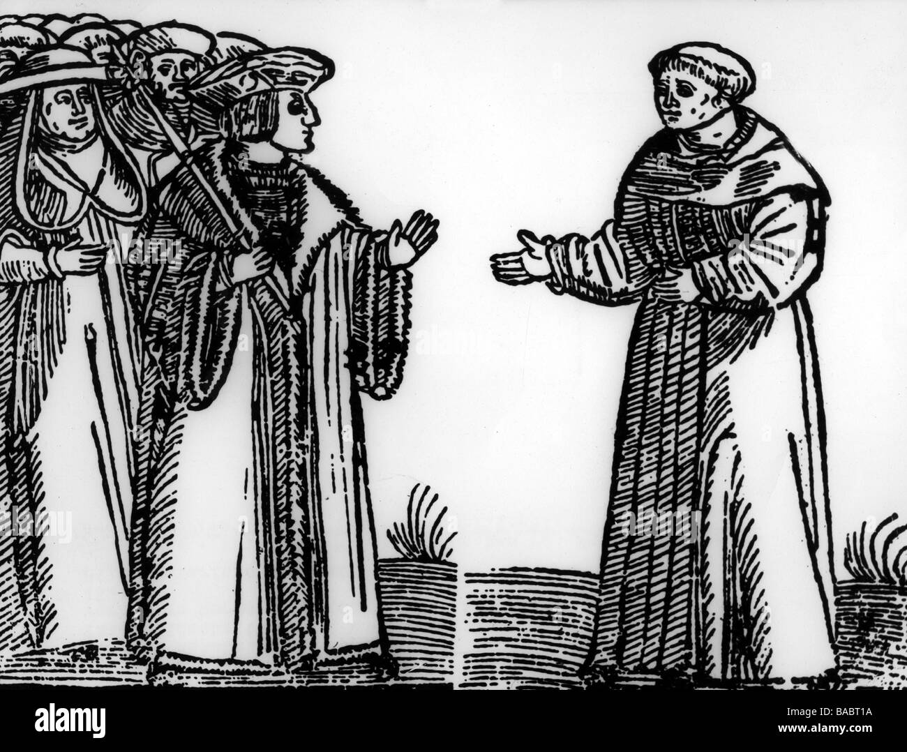 Luther, Martin, 10.11.1483 - 18.2.1546, German theologian, ecclesiastical reformer, full length, with Emperor Charles V at the Diet of Worms, 17.- 26.4.1521, woodcut, contemporary leaflet, Stock Photo