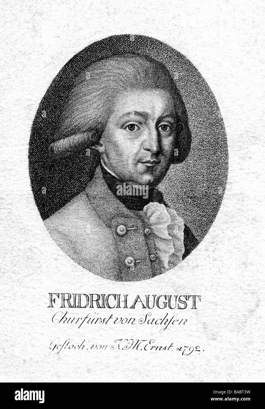 Frederick Augustus I, 23.12.1750 - 31.5.1827, King of Saxony 11.12. 1806 - 31.5.1827, portrait, copper engraving by K. M. Ernst, 1792, , Artist's Copyright has not to be cleared Stock Photo