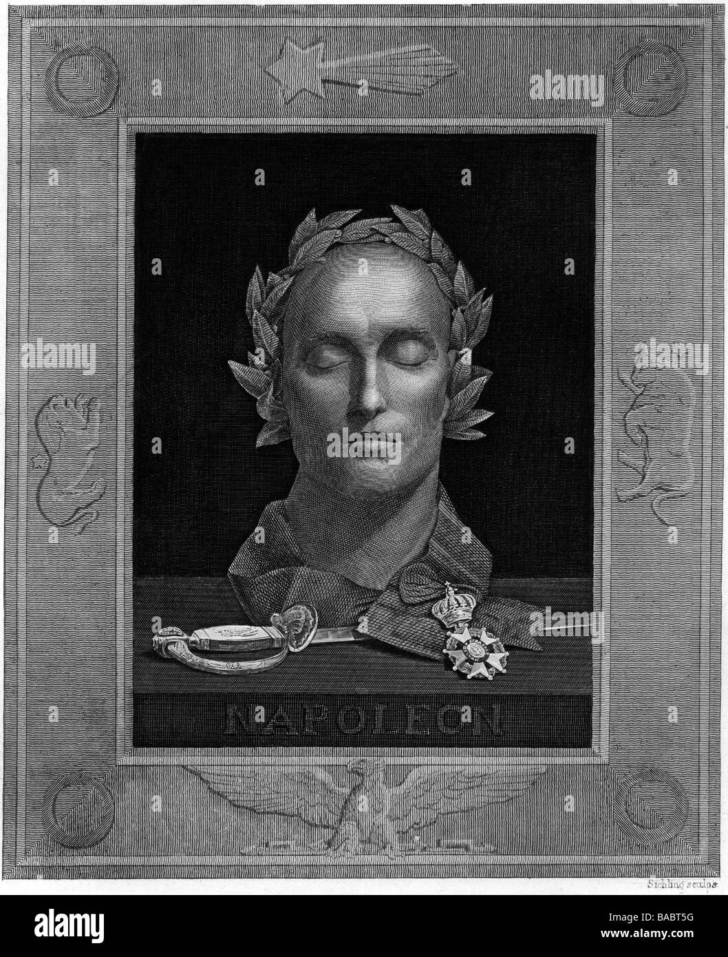 Napoleon I, 15.8.1769 - 5.5. 1821, Emperor of the French 2.12.1804 - 22.6.1815, death mask, copper engraving by Lazarus Gottlieb Sichling (1812 - 1863), , Artist's Copyright has not to be cleared Stock Photo