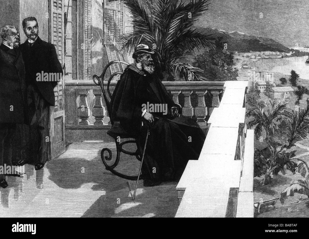 Frederick III, 18.10.1831 - 15.6.1888, German Emperor 9.3.1888 - 15.6.1888, half length, during cure at San Remo 1887 / 1888, on the balcony of Villa Zirio, wood engraving, after drawing by F. de Haenen, Stock Photo