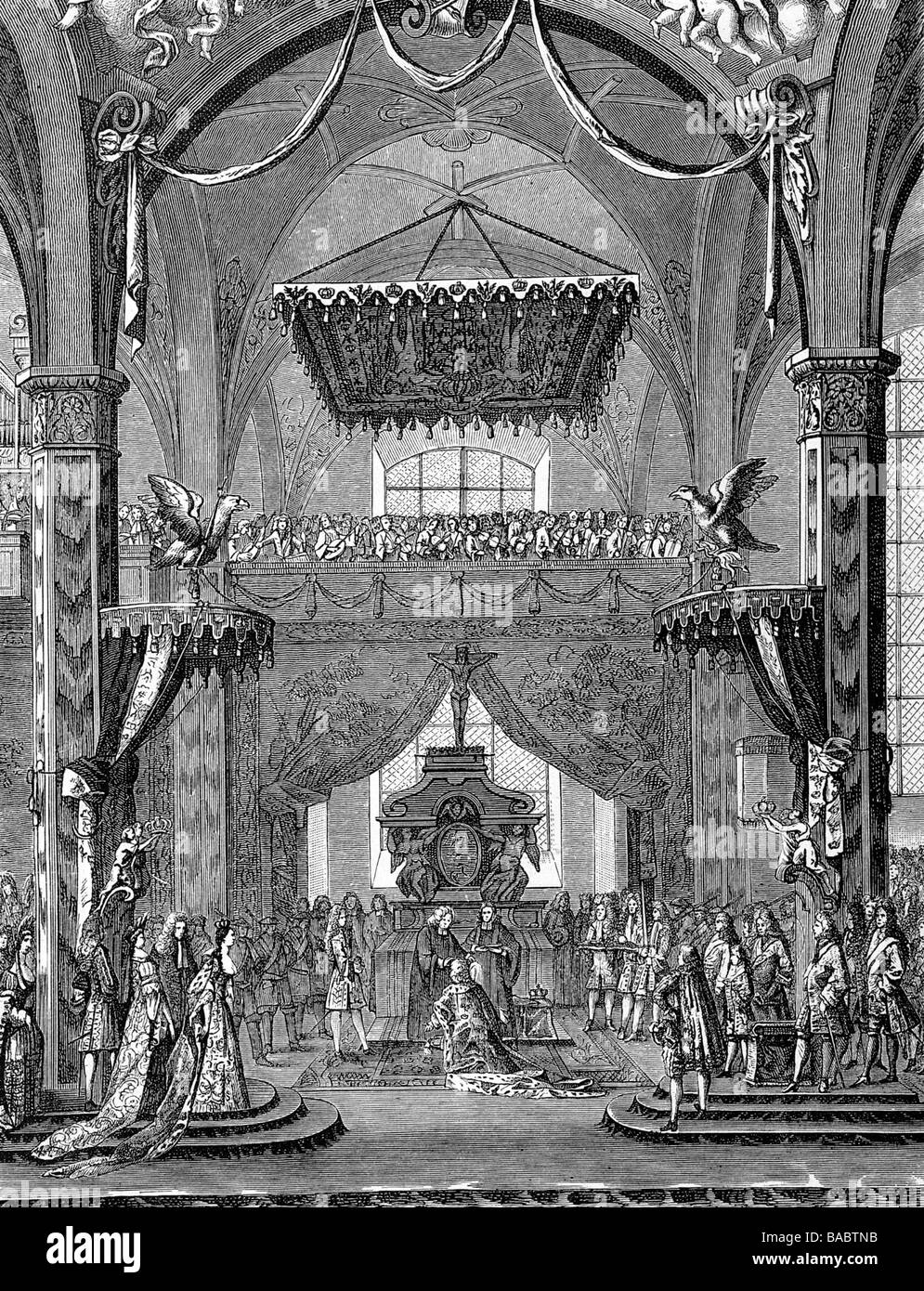 Frederick I, 11.7.1657 - 25.2.1713, King in Prussia 18.1.1701- 25.2.1713, coronation in Koenigsberg, 18.1.1701, copper engraving from 'Theatrum Europaeum' by Matthaeus Merian, Artist's Copyright has not to be cleared Stock Photo