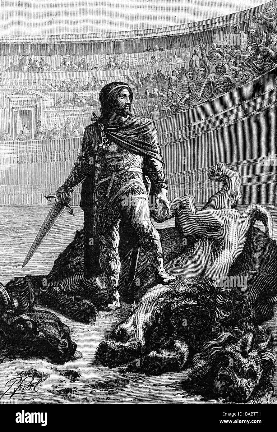 Pepin III 'the Short', 714 - 24.9.768, King of the Franks 751 - 768, in the arena, weood engraving after Fritel, 19th century, , Stock Photo