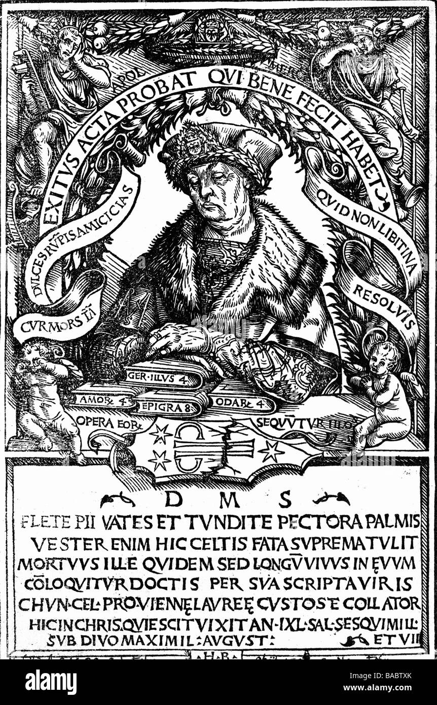 Celtis, Conrad, 1.2.1459 - 4.2.1508, German author / writer, humanist, half length, allegorical woodcut by Hans Burgkmaier (1473 - 1531), Stock Photo