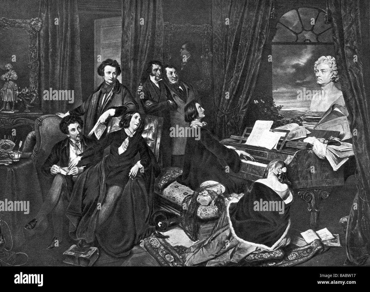 Liszt, Franz, 22.10.1811 - 31.7.1886, Hungarian composer, half length, painting 'Liszt am Klavier' (Liszt at the piano) by Josef Danhauser, 1840, Stock Photo
