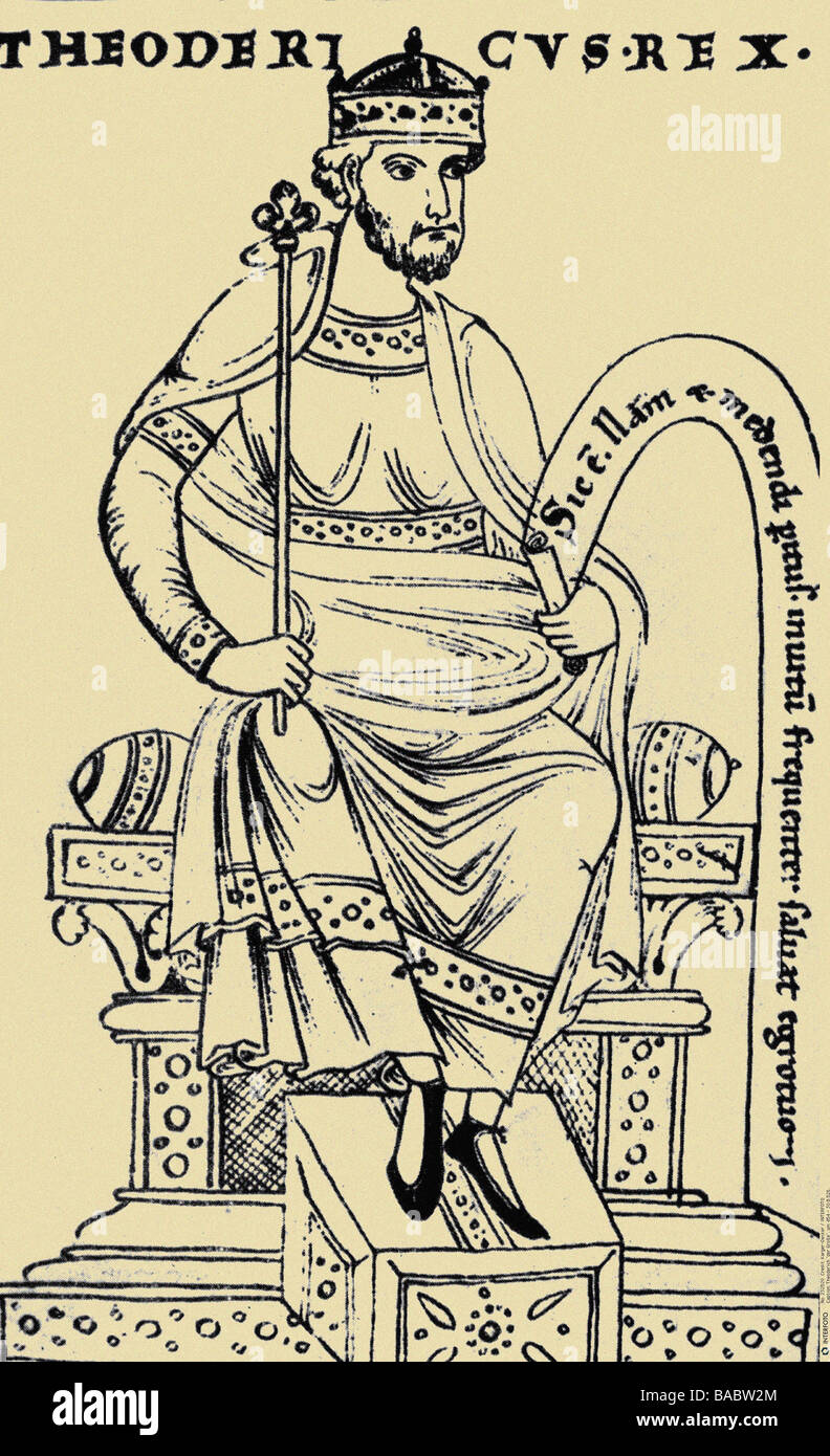 Theodoric the Great, circ 454 - 30.8.526, King of the Ostrogoths 471 - 526, full length, sitting on throne, miniature from a mediaeval manuscript, Stock Photo