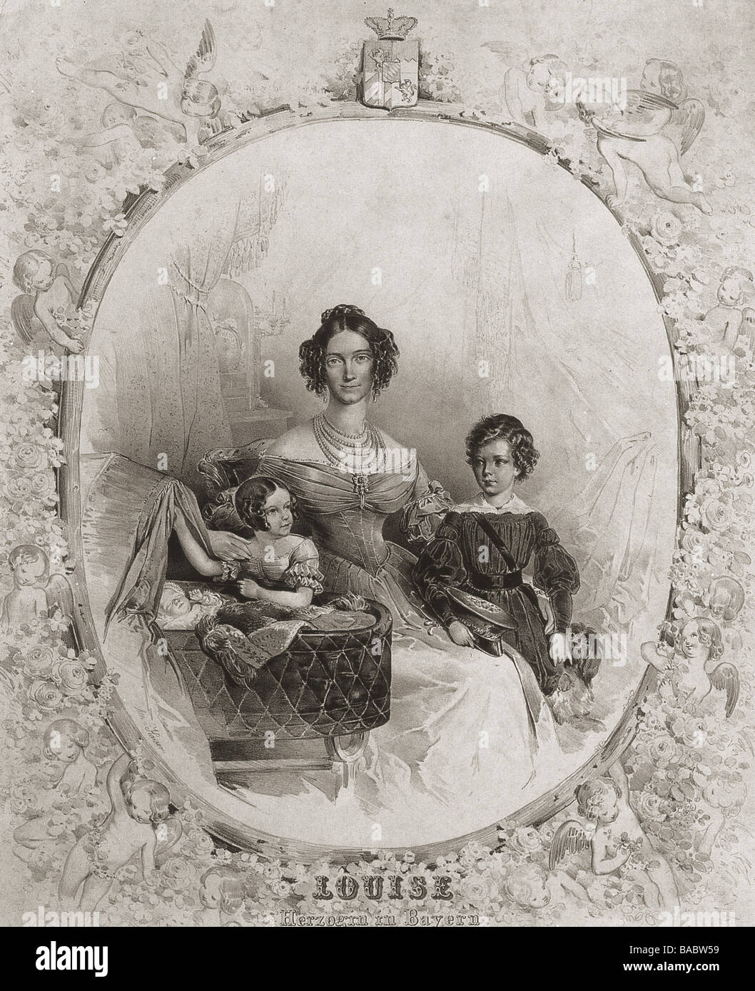 Ludovika Wilhelmine, 30.8.1808 - 26.1.1892, Duchess in Bavaria with children Ludwig Wilhelm (1831 - 1920, Duke in Bavaria), Helene 'Nene' (1834 - 1890, Prncess of Thurn und Taxis), and Elisabeth 'Sisi' (1837 - 1898, Empress of Austria, queen of Hungary), lithograph by Kaiser, 1838, , Stock Photo